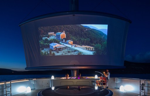 Outdoor cinema screen onboard SY Maltese Falcon