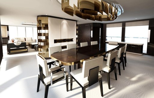 the interior of luxury yacht SOARING by abeking & rasmussen with sleek and classic style and a ten person dining arangement