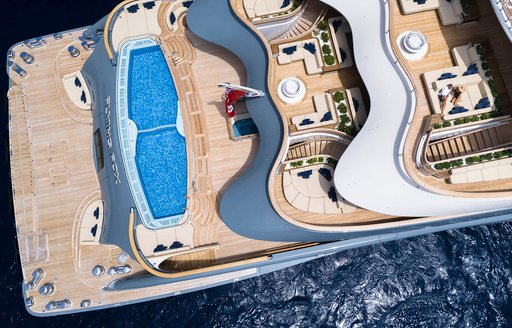 Aerial view looking down on charter yacht FLYING FOX