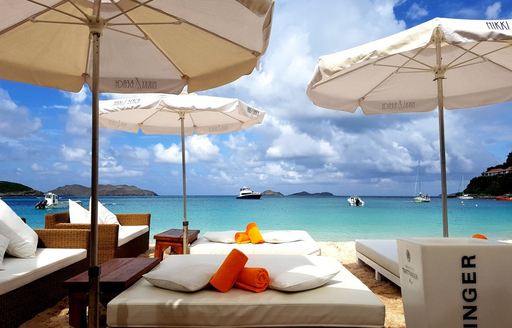 Sunloungers beneath parasols looking out at the ocean