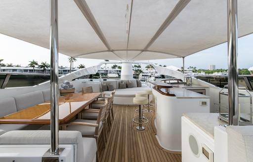 Overview of the upper deck onboard charter yacht INVICTUS