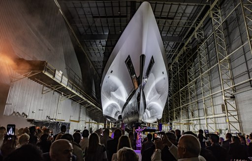 stern of luxury yacht White Rabbit shown off at reveal function in Australia 