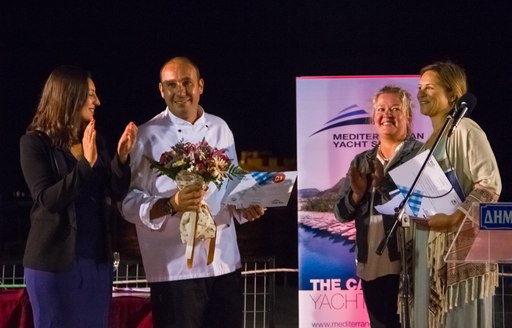 Motor yacht ANCALLIA accepting their award at the Mediterranean Yacht Show 2016