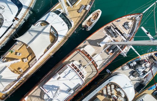 Elevated views looking down on superyacht charter bows