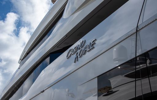 Close up of the nameplate of superyacht CASINO ROYALE