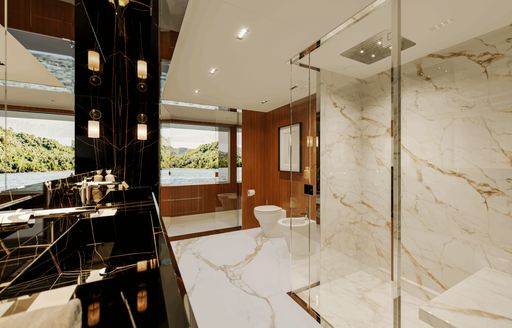 Ensuite facility with shower cubicle and marble onboard charter yacht SAIRU