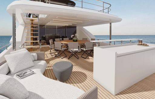Charter yacht HAIAMI I exterior rendering with dining option and seating