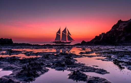 LAMIMA yacht below sunset