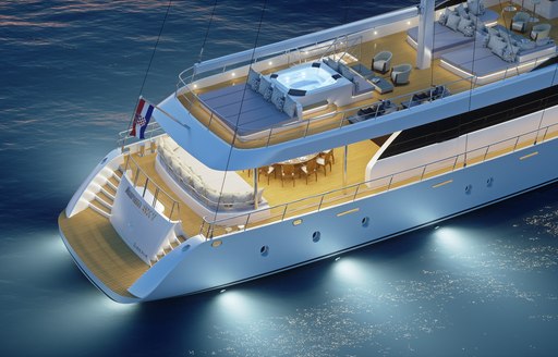 the two aft decks of charter yacht Aurum Sky boasting swim platfrom, alfresco sining area, lounging space, and hjacuzzi