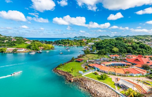 Aerial view of port Castries with duty free shops. Popular for cruise passengers. Saint Lucia, Caribbean Island.