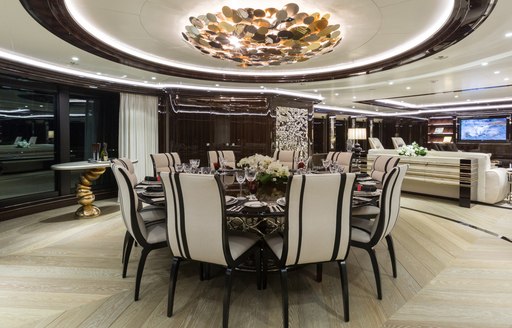 The formal dining area on board M/Y OKTO