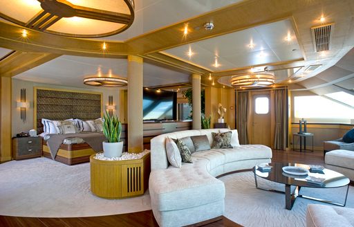 sleeping quarters and salon in master suite aboard luxury yacht ‘Indian Empress’ 