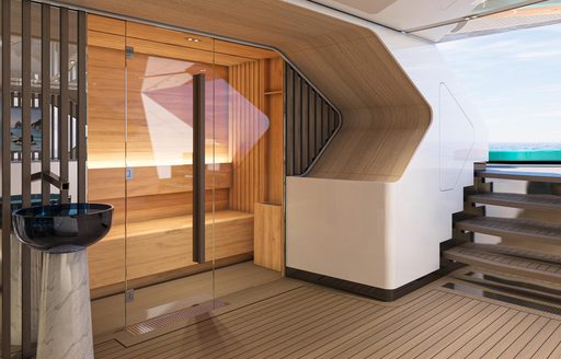 Sauna inside the beach club onboard superyacht charter ETERNAL SPARK