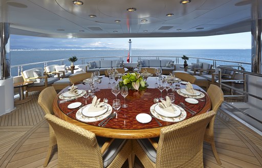 Main deck aft alfresco dining area on board charter yacht Zoom Zoom Zoom 