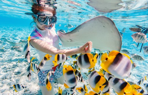 Girl snorkels above coral reef in Tahiti