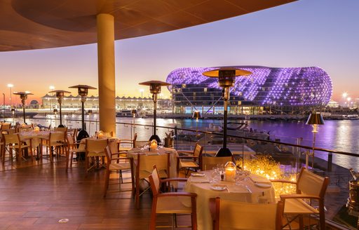 Cipriani terrace overlooking Yas Marina at dusk