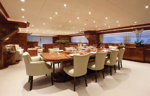 Formal dining area on luxury yacht BARON TRENCK