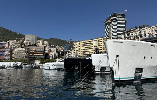 Superyacht charter bows berthed at Monaco Yacht Show