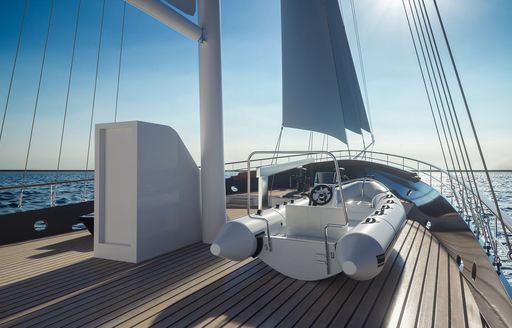 tender stored on the foredeck of motor sailor CORSARIO 