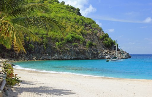 Boat on blue sea near sandy beach in the Caribbean with lush scenery in background