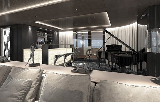 skylounge with baby grand piano and bar on board superyacht SOLO 