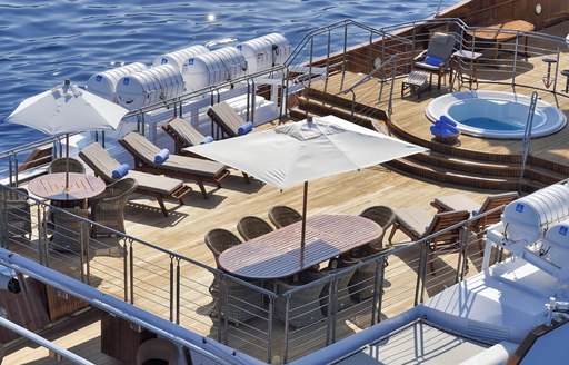 Sundeck of famous charter yacht Christina O, with dining and seating options