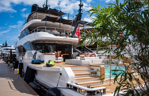 Aft view of superyacht berthed at Palm Beach International Boat Show