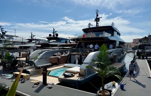 Aft view of a superyacht berthed in Vieux Port