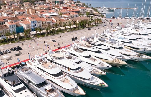 boats lined up in the port in Nafplio in Greece