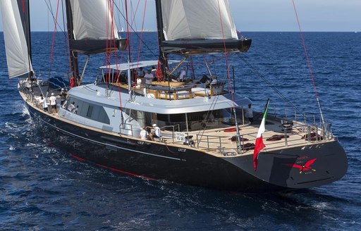 Rear view of a sailing yacht attending the regatta