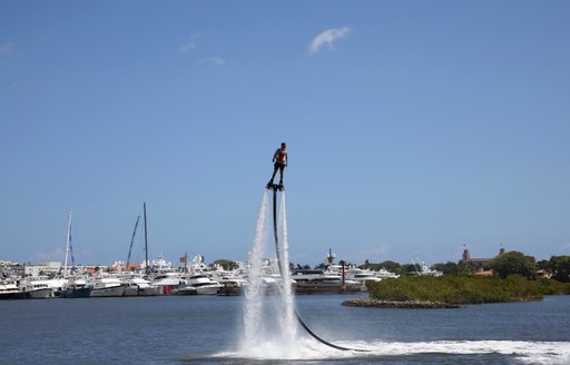 A flyboarding demonstration in progress at the Palm Beach International Boat Show