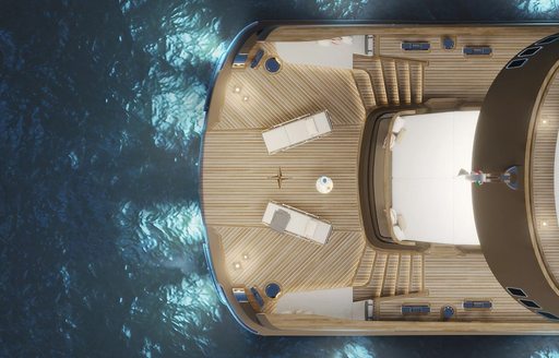 Overhead view rendering of swim platform and sun loungers onboard superyacht charter RAJA²