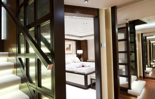 The bedroom for charter guests onboard a luxury yacht