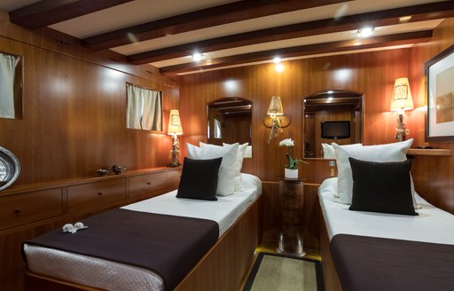 twin cabin on luxury charter yacht over the rainbow