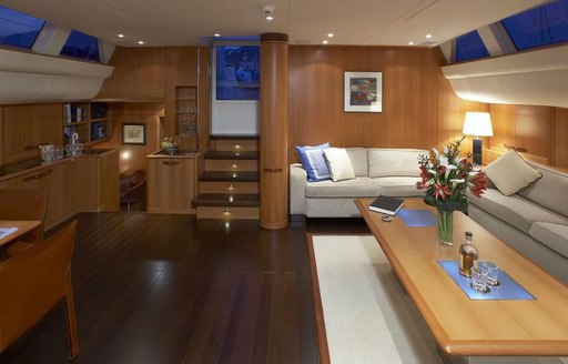 modern and warm interiors aboard sailing yacht SHOGUN