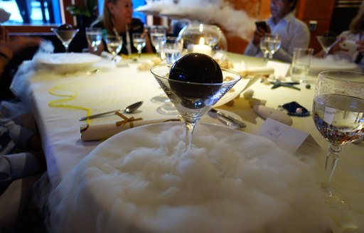 A desert served upon dry ice onboard motor yacht Zaliv III