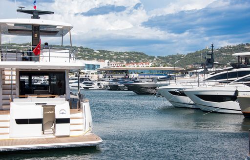 Motor yachts berthed in Vieux Port during Cannes Yachting Festival
