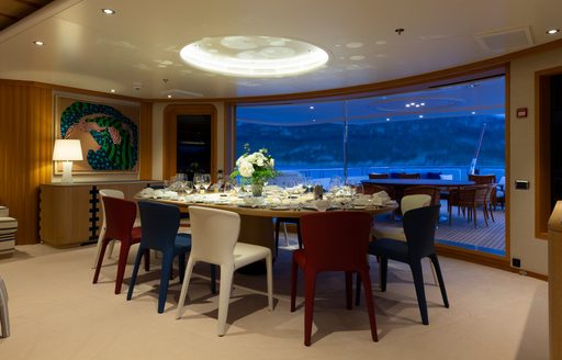 Dining area onboard charter yacht ADVENTURE