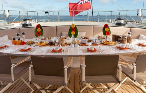 alfresco dining area on luxury yacht panthalassa