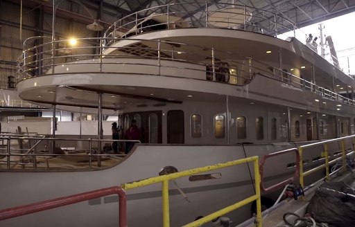 The aft deck section of superyacht SHERAKHAN seen inside the ICON shipyard