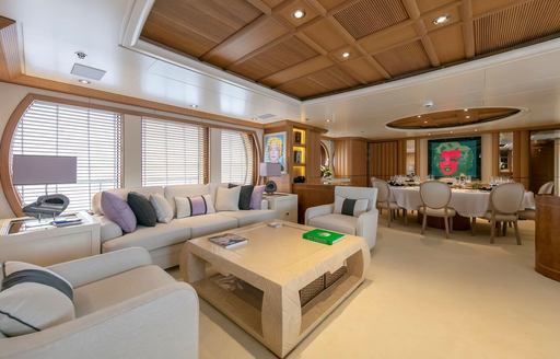 Main salon with sofas onboard luxury yacht rental MARLA