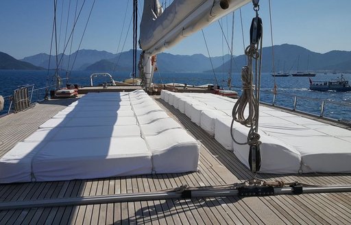 sun pads on raised cabin house on foredeck of luxury gulet Sea Dream