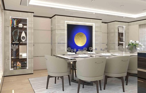 Elegant dining area onboard K2 motor yacht