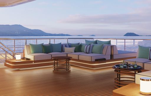 Charter yacht AMALYA exterior seating and view of islands