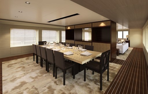 rendering of the interior dining area aboard motor yacht CHASSEUR 