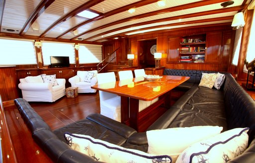 salon with comfortable sofas on board luxury yacht  'Queen of Datca'