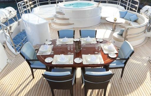 Charter yacht EVERBLUE exterior dining table and Jacuzzi