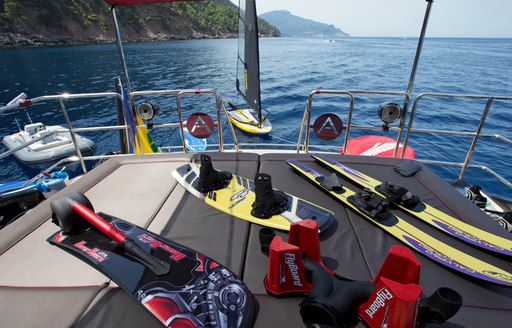 Water skis and an assortment of toys on the swim platform of superyacht ASCARI