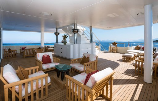 shaded alfresco lounge on board charter yacht Coral Ocean