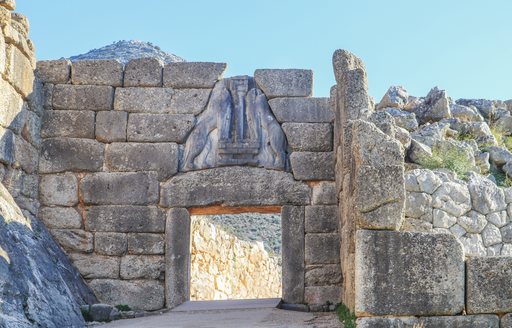 The Lion Gate - the main entrance of the Bronze Age citadel of Mycenae in southern Greece with relief sculpture of two lions